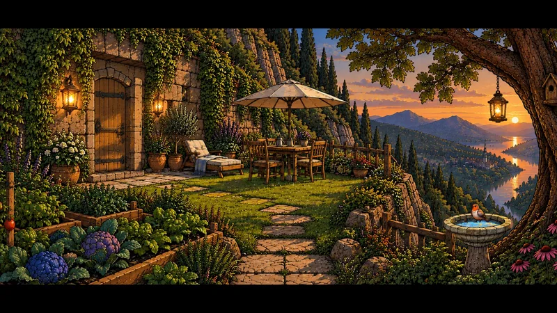 Ein üppiger Garten mit einer Sitzecke, umgeben von Felsen und einem weiten Blick über Zamonien.