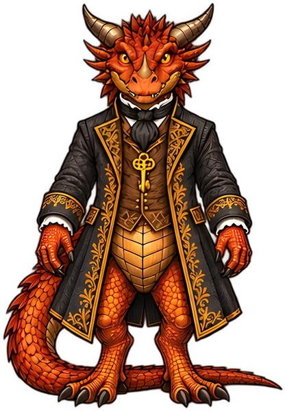 Ottokar, ein orangefarbener Lindwurm im schwarzen Mantel mit goldenen Verzierungen.