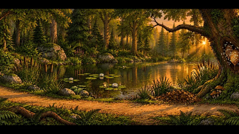 Ein stiller Waldteich mit Seerosen, dichtem Grün und goldenem Licht.