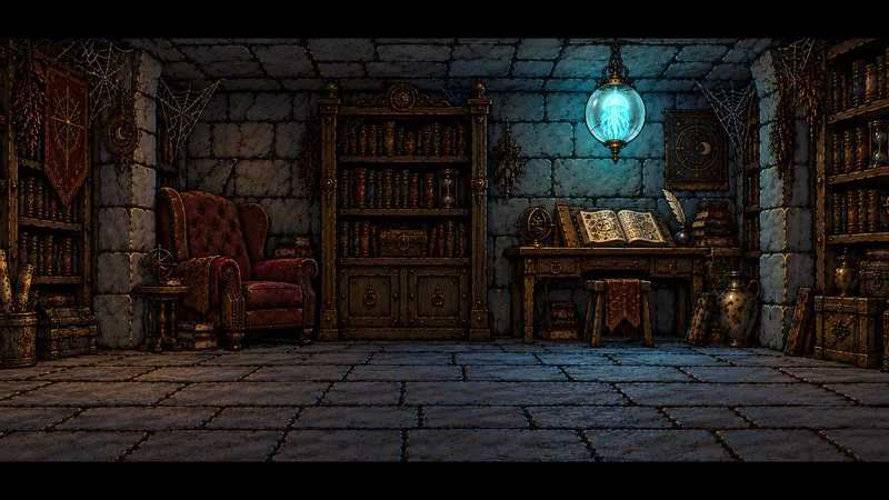 Ein unterirdischer Lesesaal mit alten Büchern, gemütlichen Sitzplätzen und geheimnisvoller Beleuchtung.