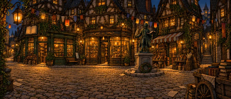 Goldene Laternen beleuchten Buchhaims verwinkelte Gassen, Antiquariate und eine Dichterstatue.